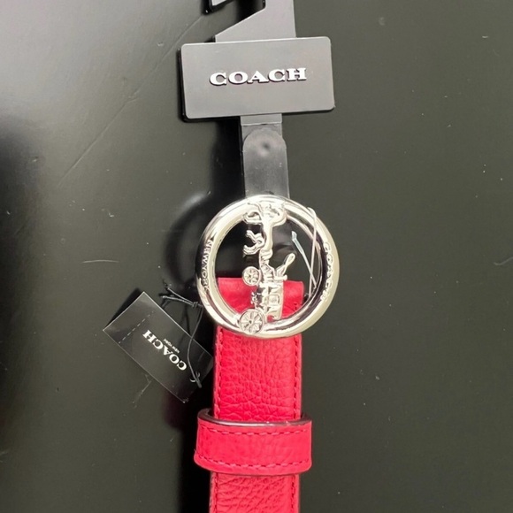 Coach Red and Brown Leather Belt with Silver Coach Logo Buckle - Picture 5 of 6